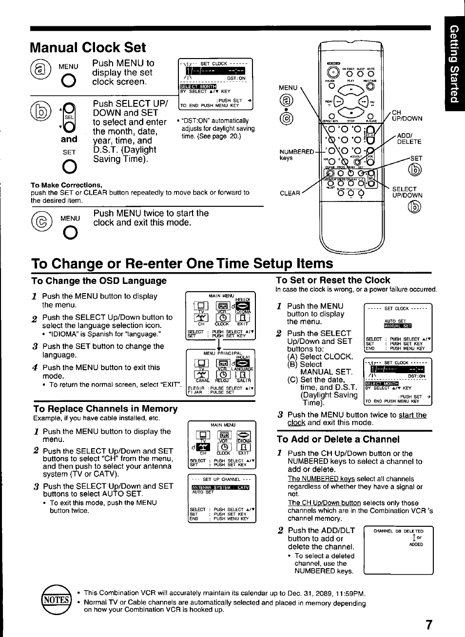 To set or reset the clock, To change the osd language, To replace channels in memory | To add or delete a channel, Manual clock set | Panasonic VCR PV-M1326 User Manual | Page 7 / 28