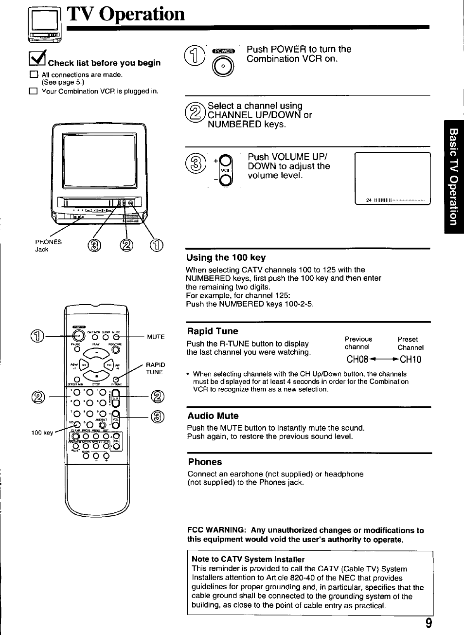 Using the 100 key, Rapid tune, Audio mute | Phones, Tv operation | Panasonic VCR PV-M1326 User Manual | Page 9 / 28
