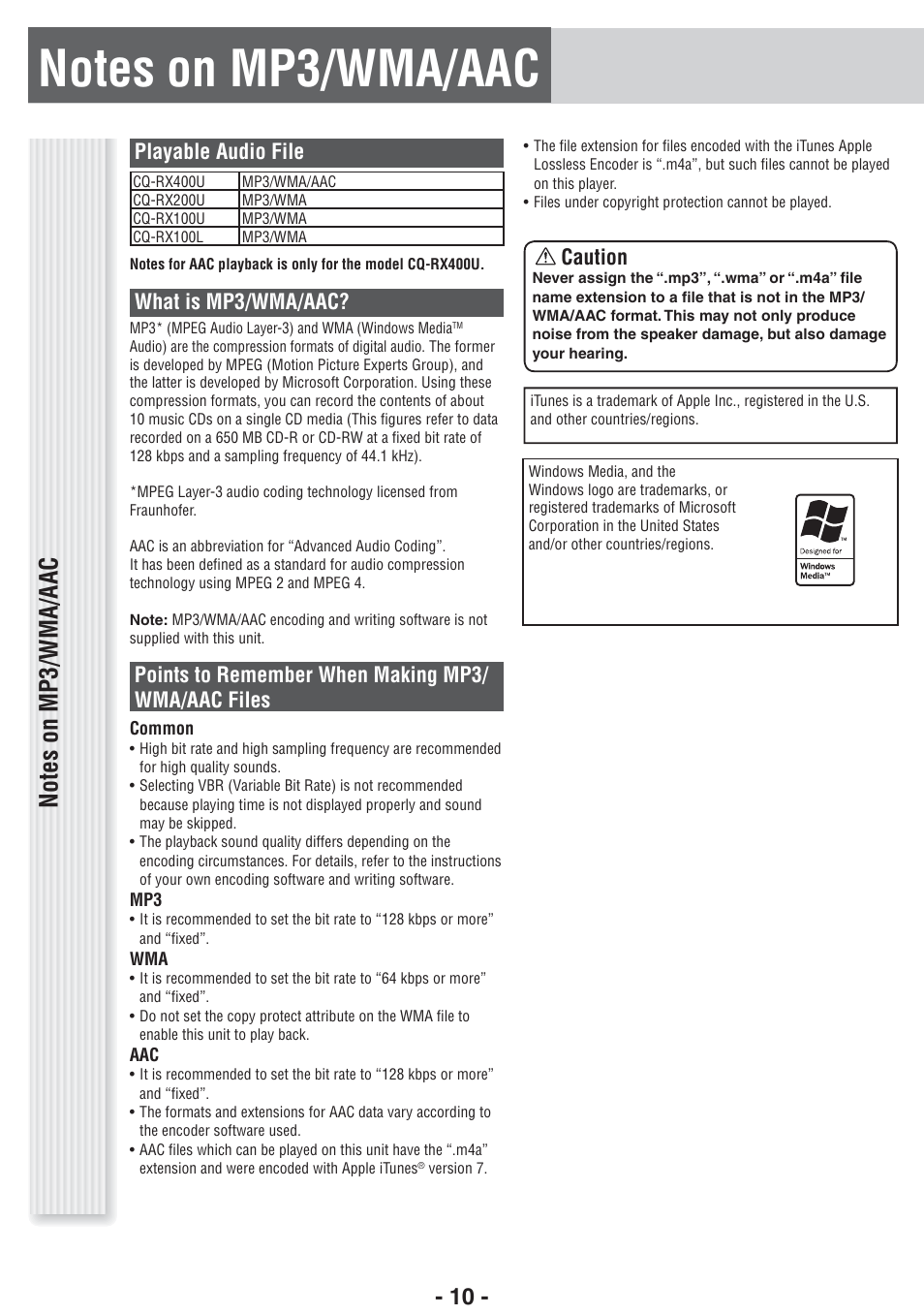 Playable audio file, What is mp3/wma/aac, Points to remember when making mp3/ wma/aac files | Caution | Panasonic CQ-RX400U User Manual | Page 10 / 24