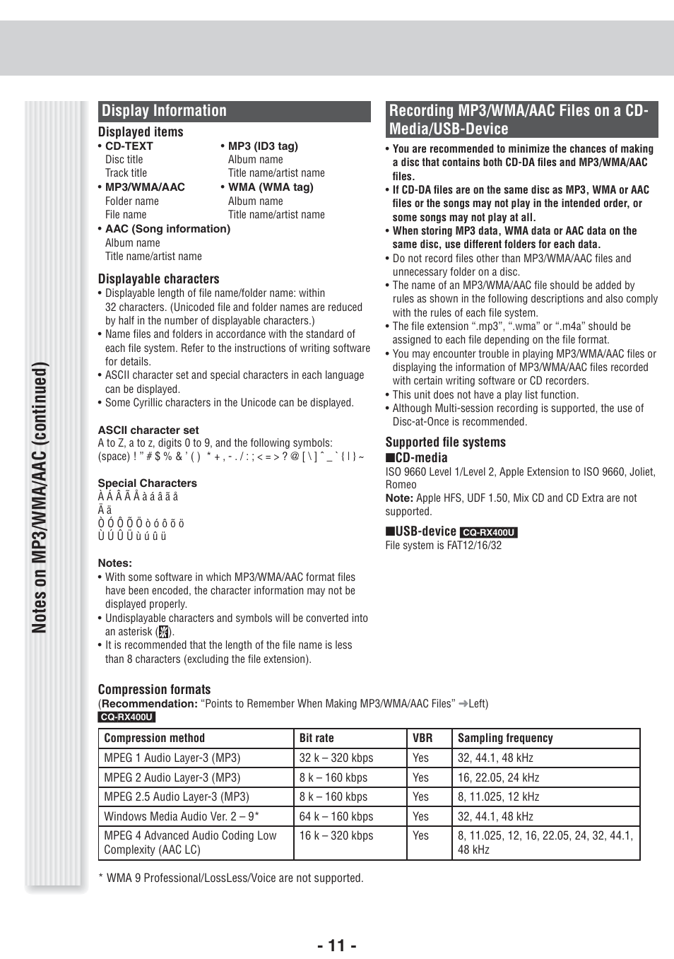 Display information | Panasonic CQ-RX400U User Manual | Page 11 / 24