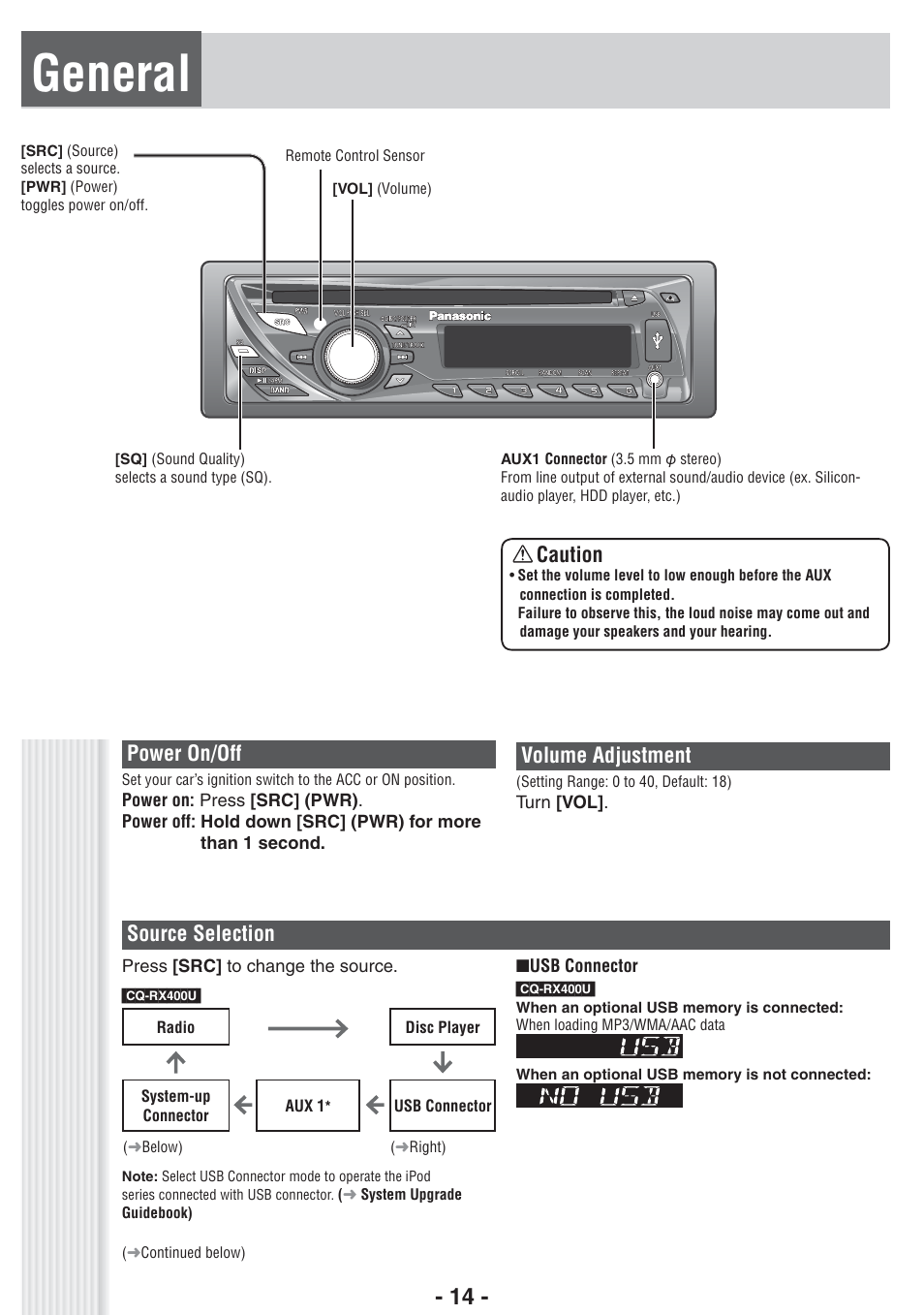 General, Power on/off, Caution | Volume adjustment, Source selection | Panasonic CQ-RX400U User Manual | Page 14 / 24