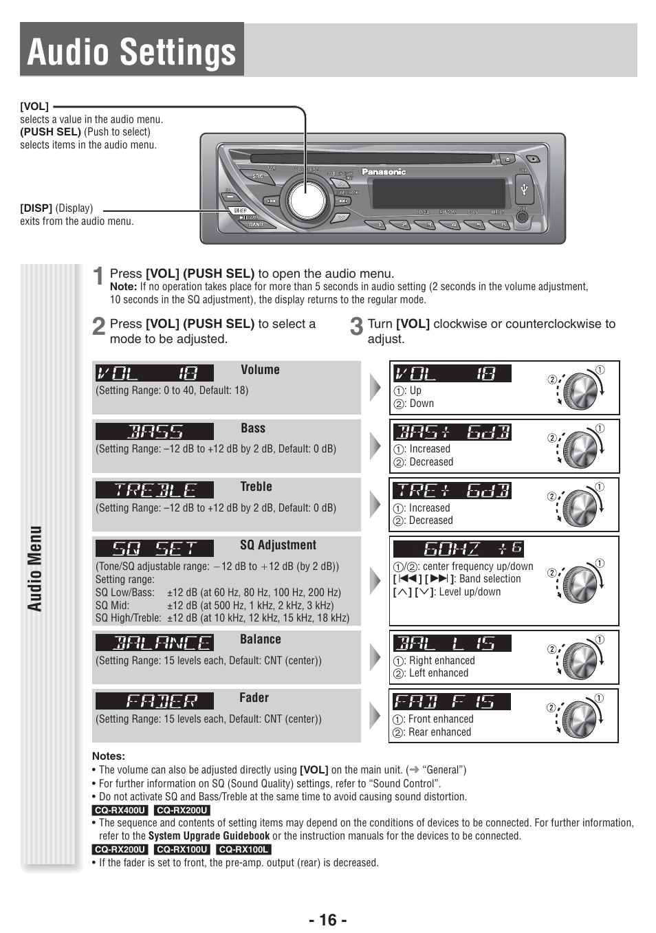 Audio settings, Audio menu | Panasonic CQ-RX400U User Manual | Page 16 / 24