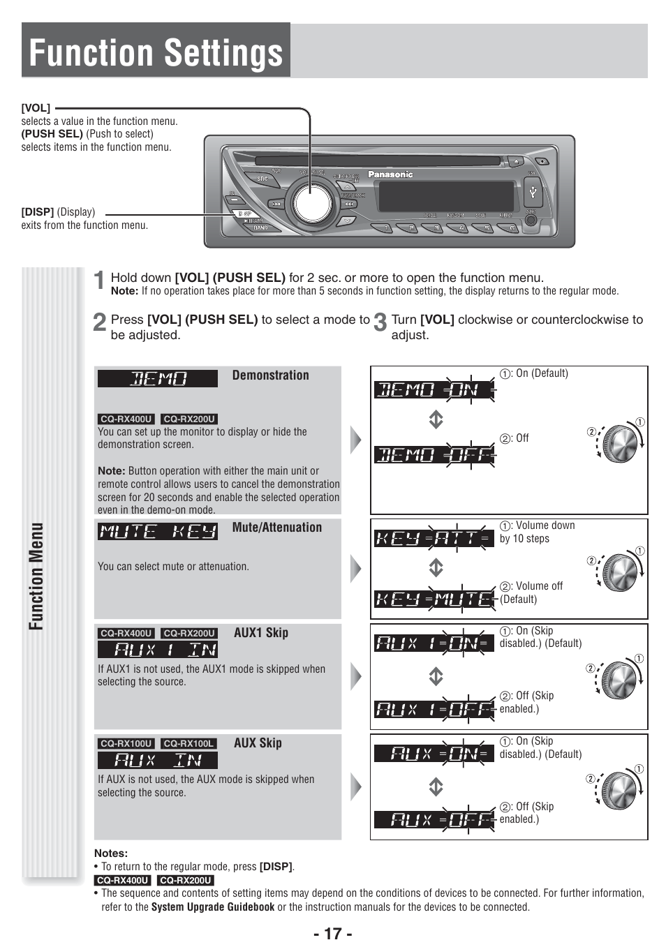 Function settings, Function menu | Panasonic CQ-RX400U User Manual | Page 17 / 24