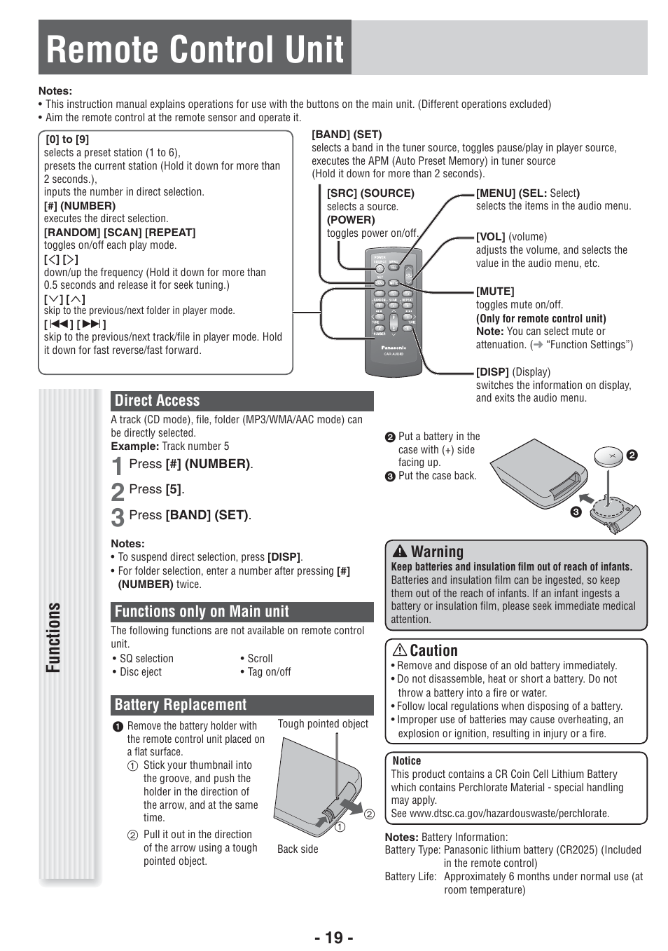 Remote control unit, Functions, Direct access | Functions only on main unit, Battery replacement, Warning, Caution | Panasonic CQ-RX400U User Manual | Page 19 / 24