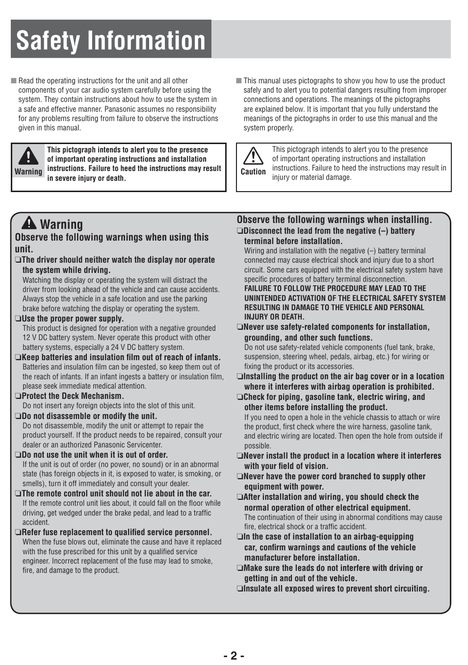 Safety information, Warning | Panasonic CQ-RX400U User Manual | Page 2 / 24