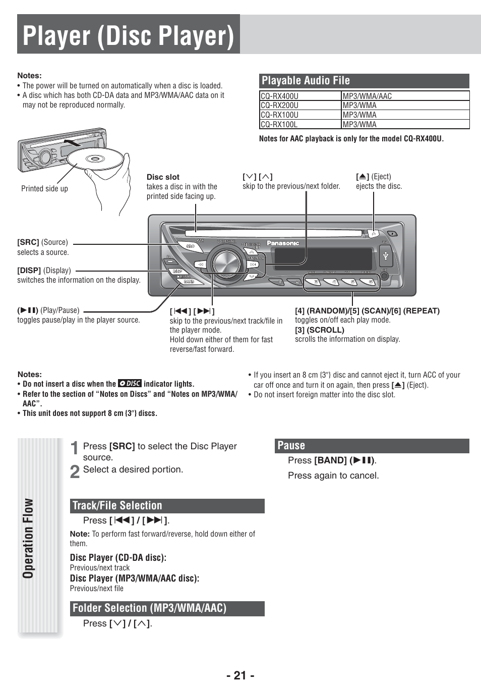 Player (disc player), Operation flow, Track/file selection | Folder selection (mp3/wma/aac), Playable audio file, Pause | Panasonic CQ-RX400U User Manual | Page 21 / 24