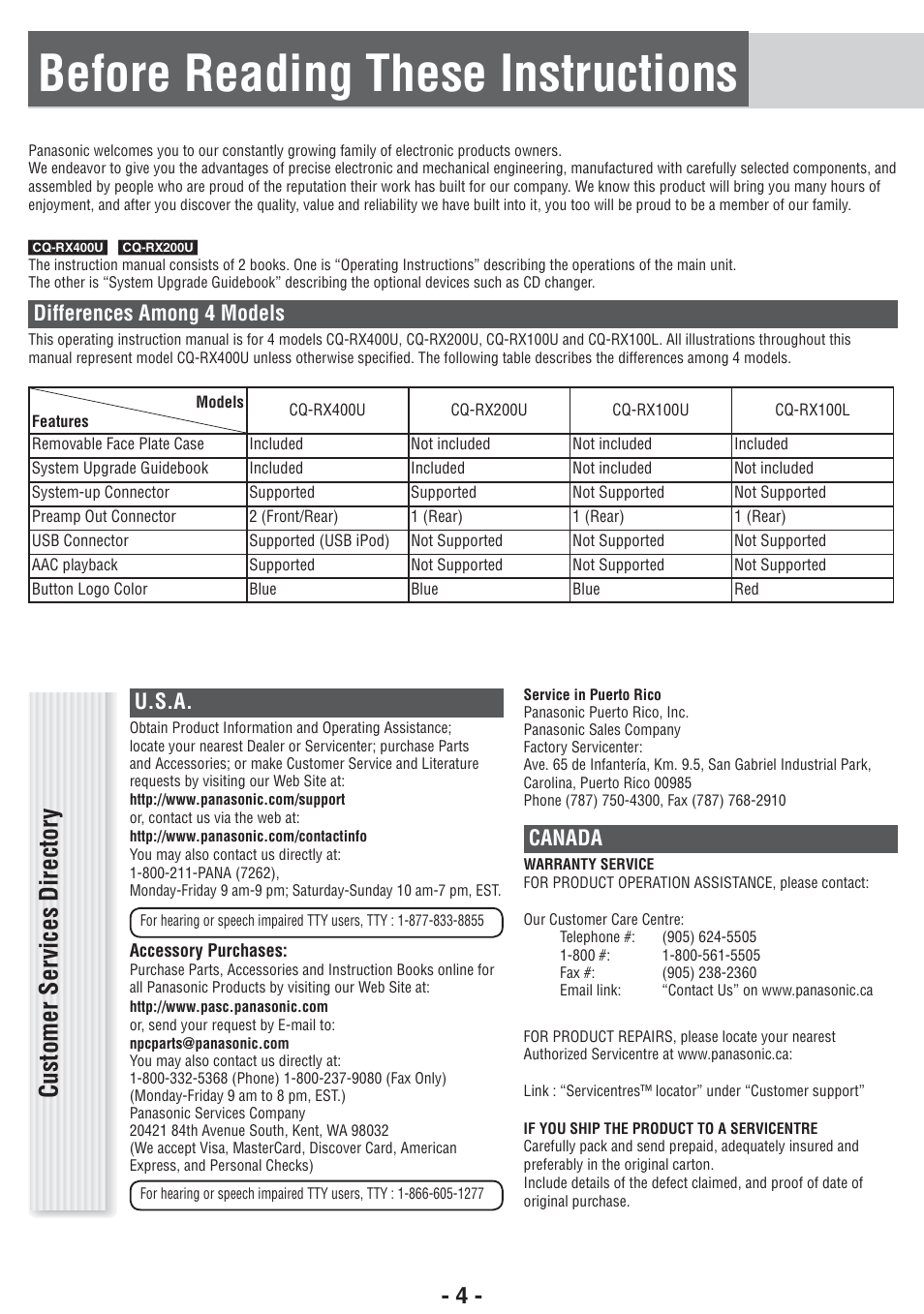 Before reading these instructions, Customer ser vices director y, U.s.a | Canada, Differences among 4 models | Panasonic CQ-RX400U User Manual | Page 4 / 24