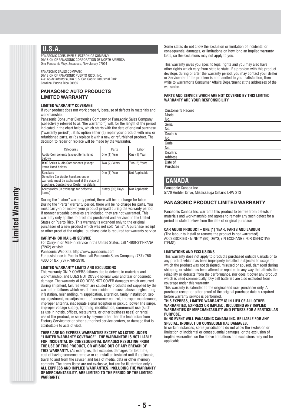 Limited w arranty, U.s.a, Canada | Panasonic CQ-RX400U User Manual | Page 5 / 24