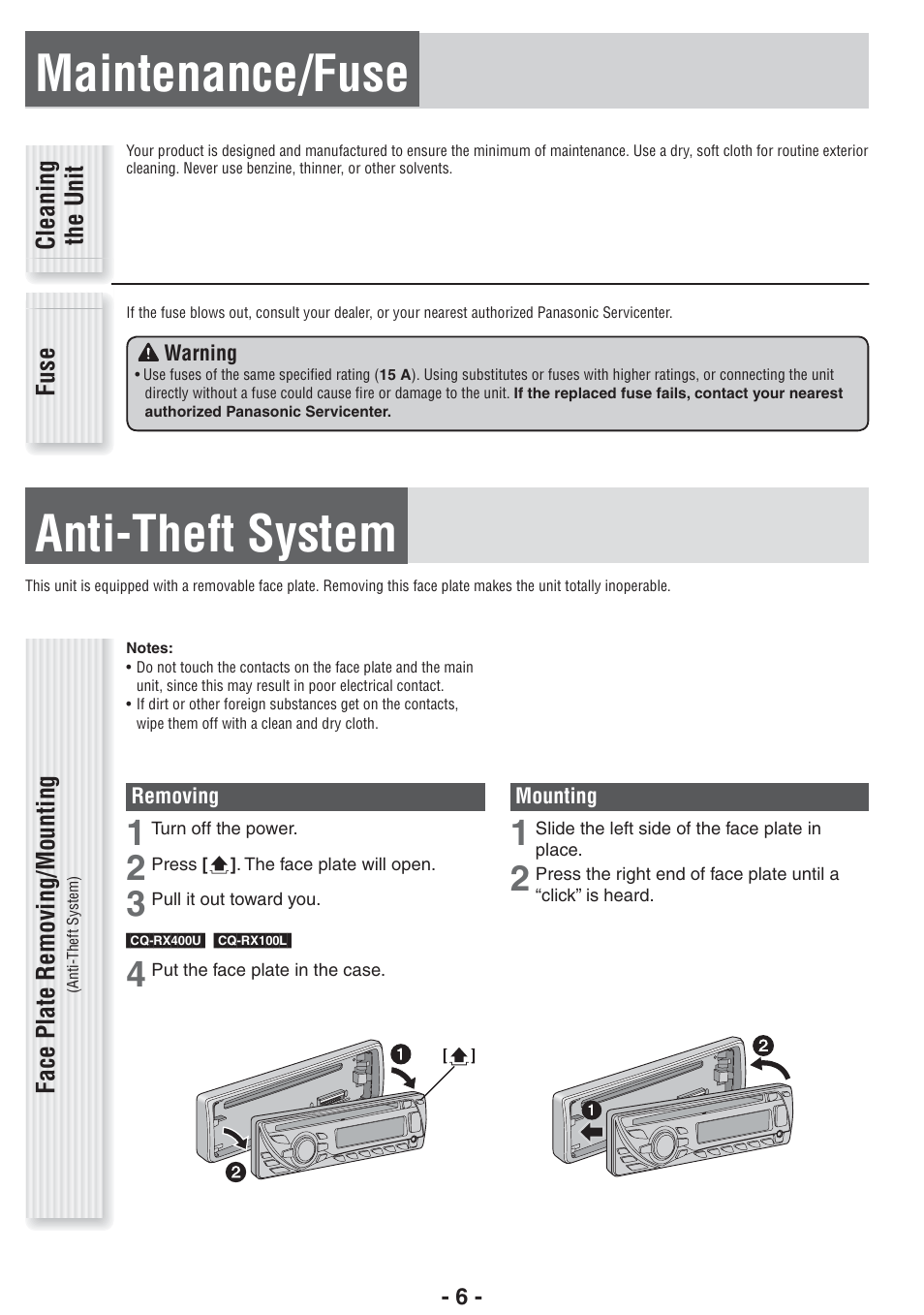 Maintenance/fuse, Anti-theft system | Panasonic CQ-RX400U User Manual | Page 6 / 24