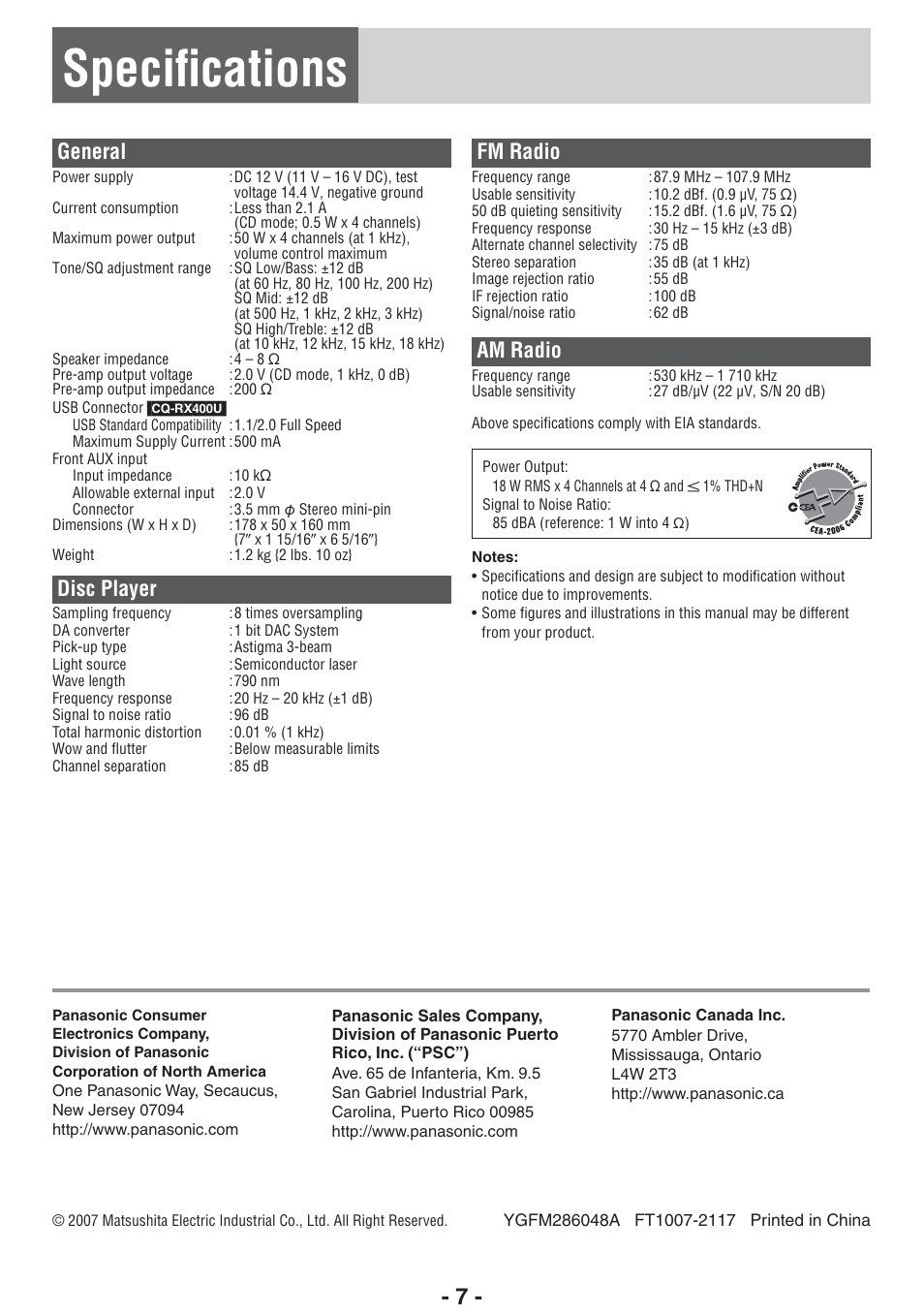 Speciﬁ cations, General, Disc player | Fm radio, Am radio | Panasonic CQ-RX400U User Manual | Page 7 / 24