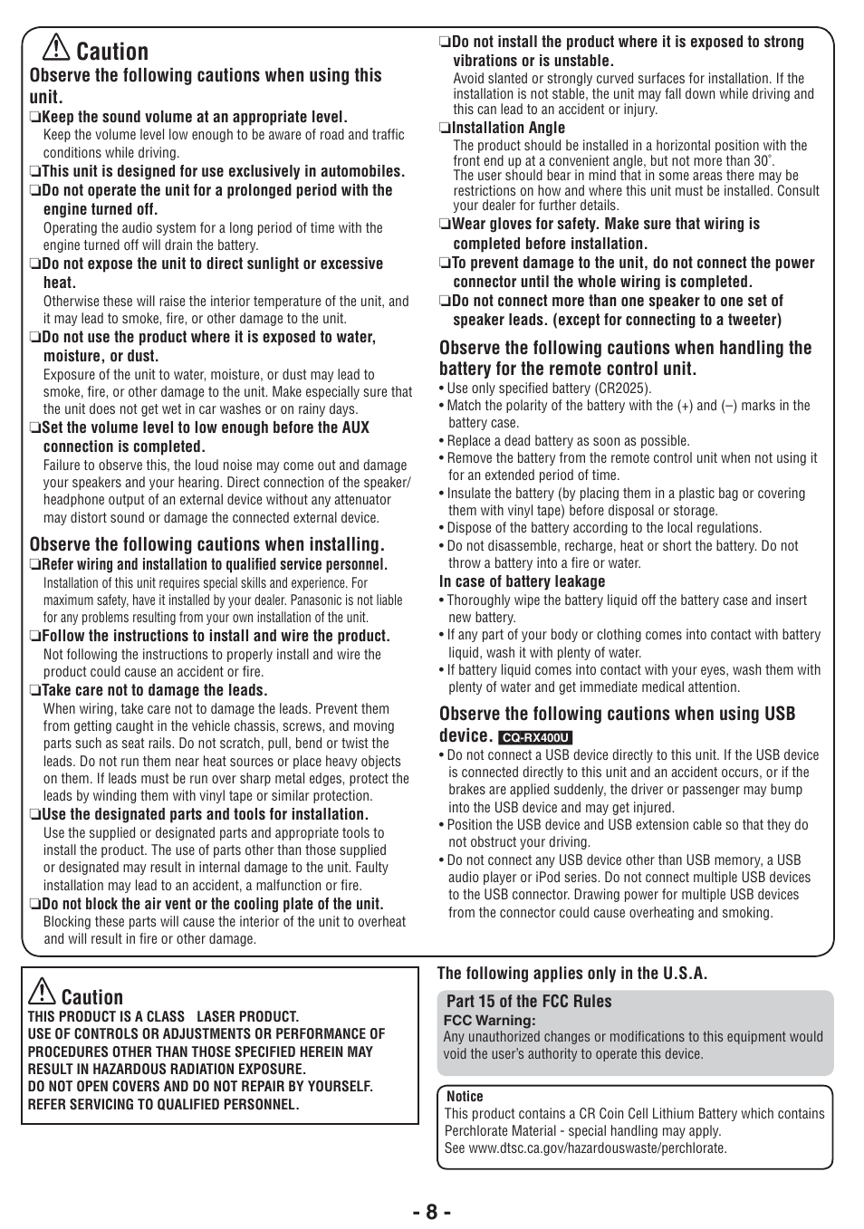 Caution, Observe the following cautions when installing | Panasonic CQ-RX400U User Manual | Page 8 / 24