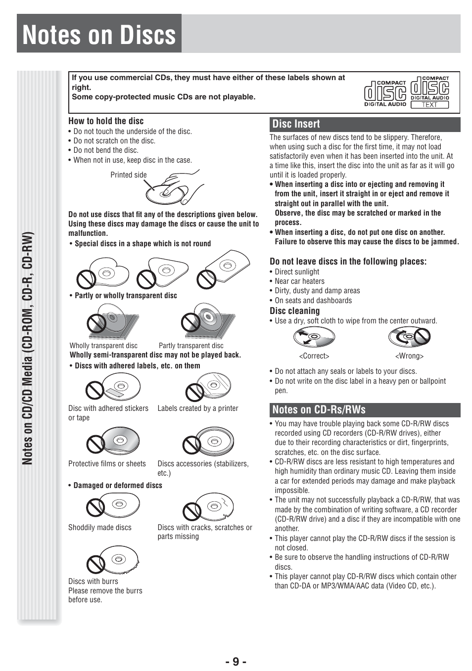 Disc insert | Panasonic CQ-RX400U User Manual | Page 9 / 24