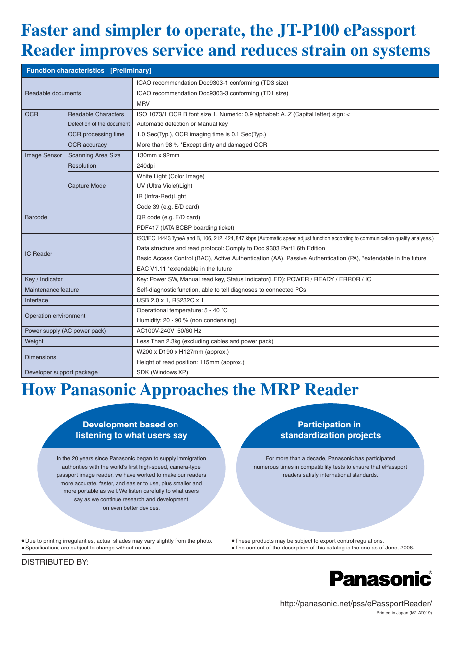 How panasonic approaches the mrp reader, Development based on listening to what users say, Participation in standardization projects | Panasonic ePassport Reader JT-P100 User Manual | Page 2 / 2