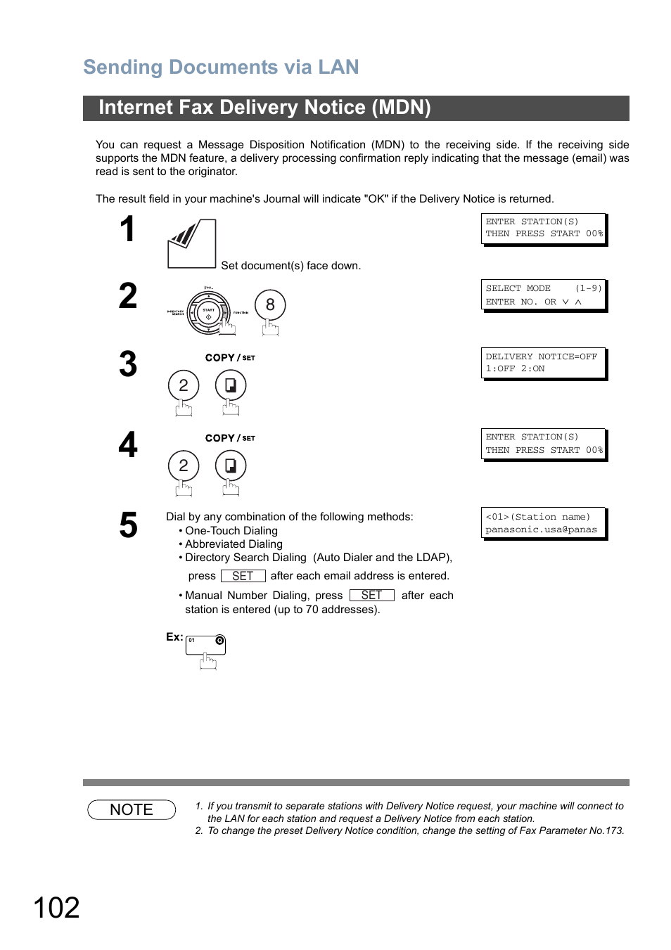 Internet fax delivery notice (mdn), Sending documents via lan | Panasonic DX-800 User Manual | Page 102 / 256