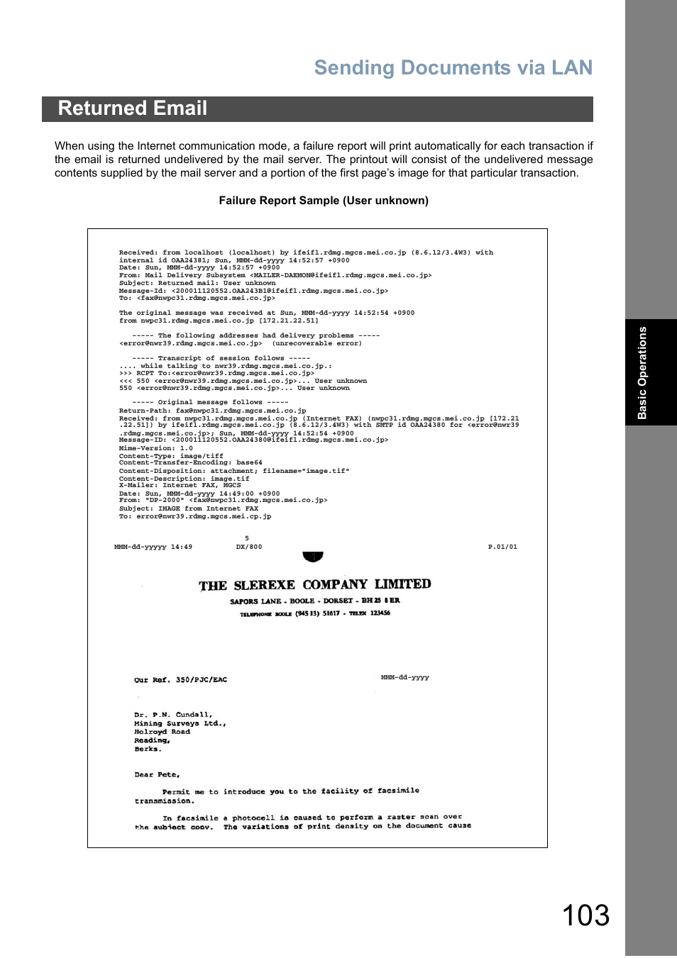 Returned email, Sending documents via lan | Panasonic DX-800 User Manual | Page 103 / 256