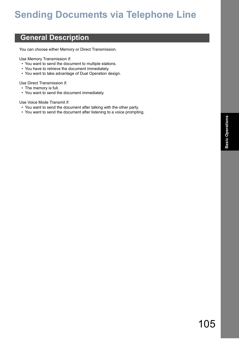 Sending documents via telephone line, General description | Panasonic DX-800 User Manual | Page 105 / 256