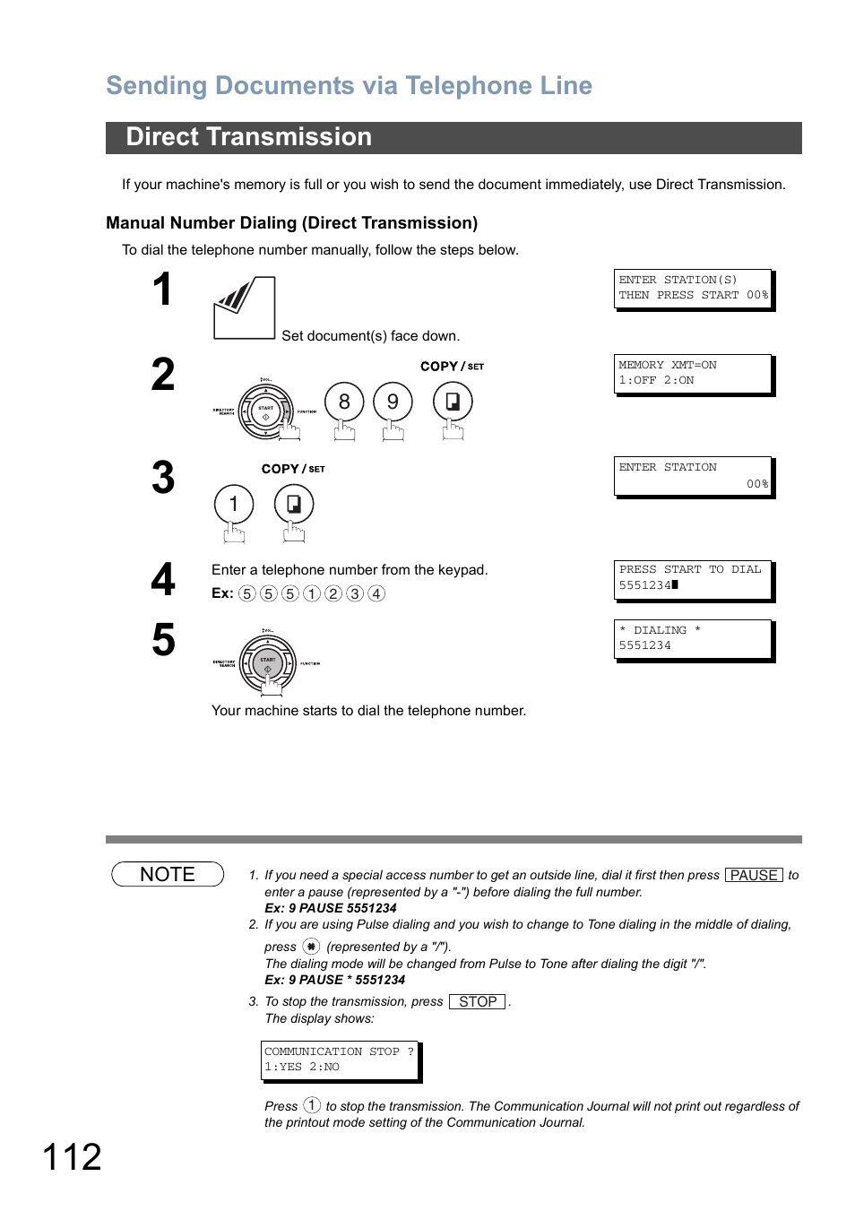 Direct transmission, Sending documents via telephone line | Panasonic DX-800 User Manual | Page 112 / 256