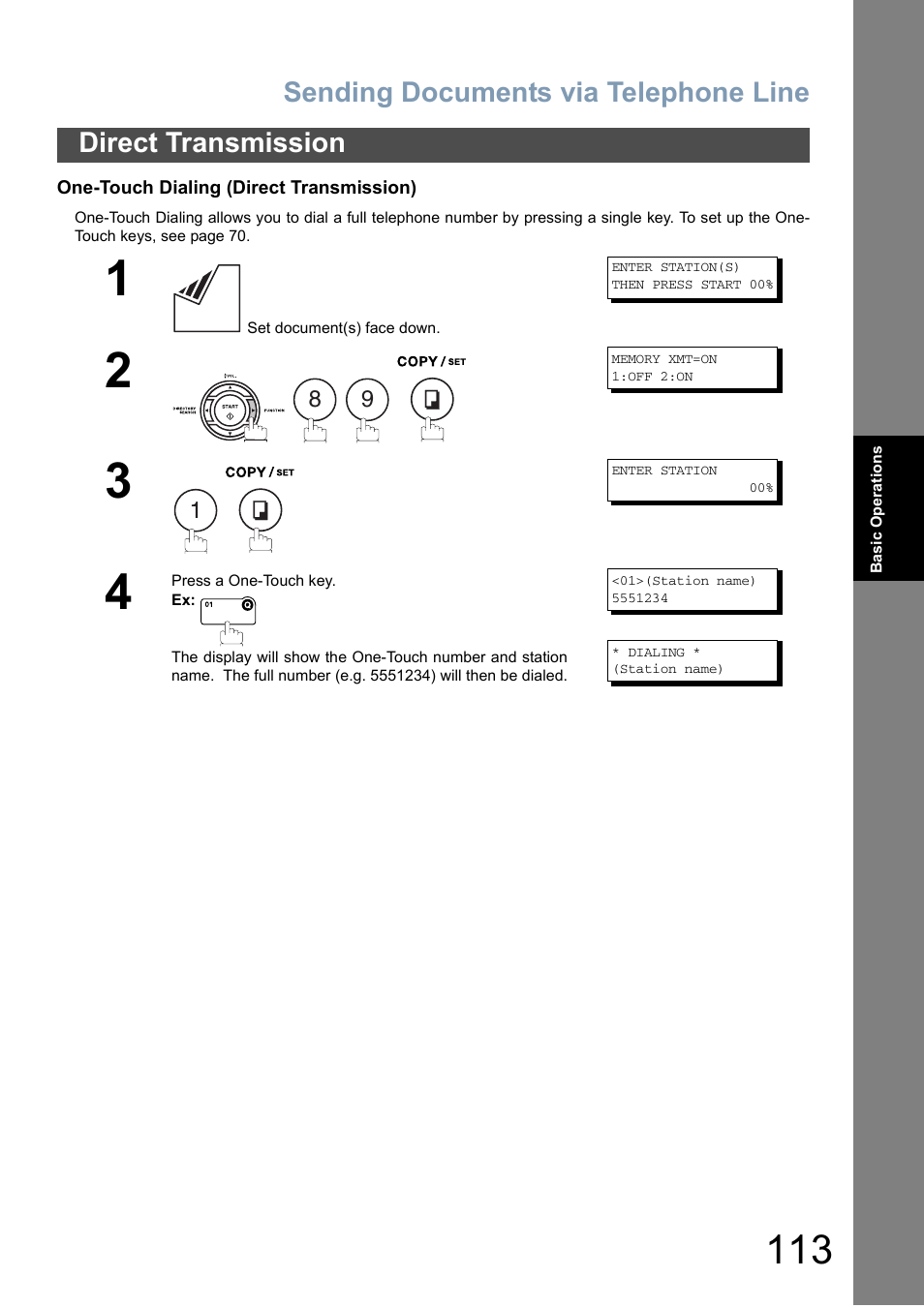 Sending documents via telephone line, Direct transmission | Panasonic DX-800 User Manual | Page 113 / 256