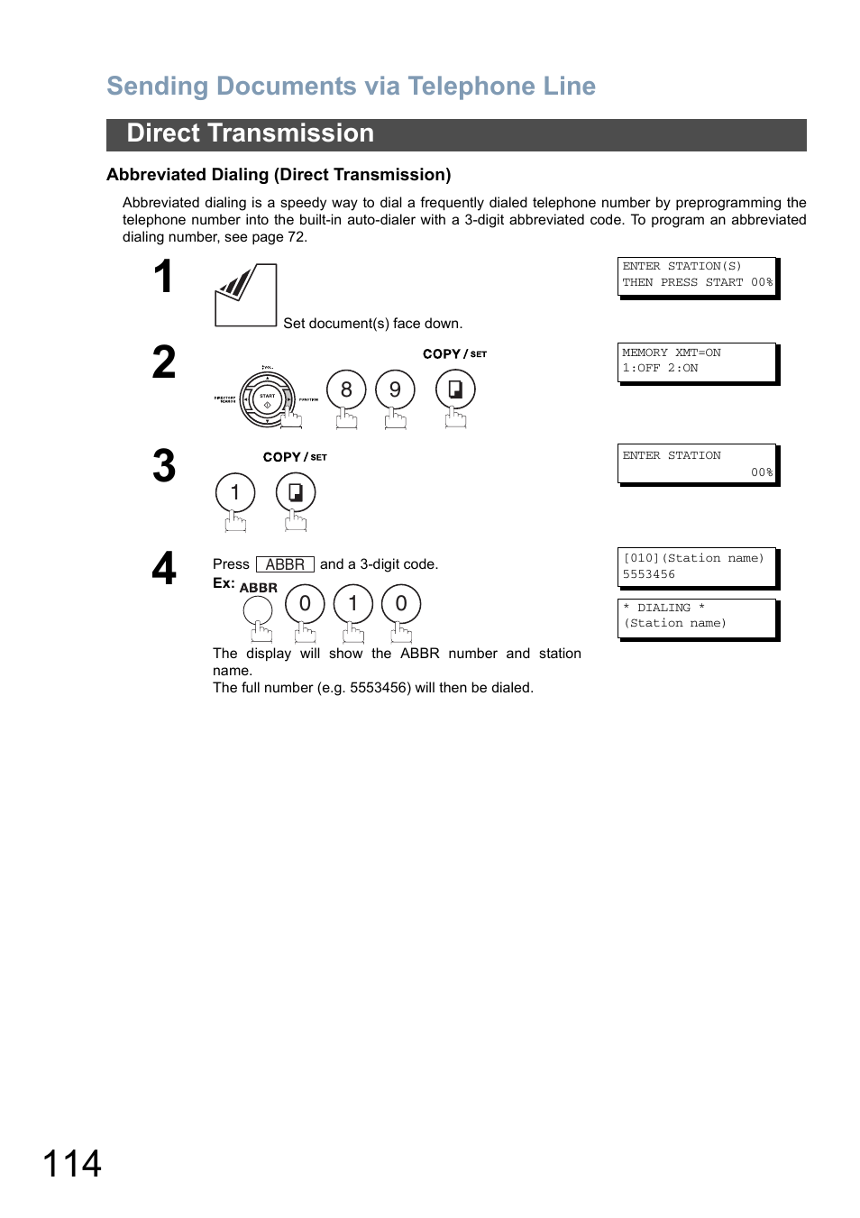 Sending documents via telephone line, Direct transmission | Panasonic DX-800 User Manual | Page 114 / 256