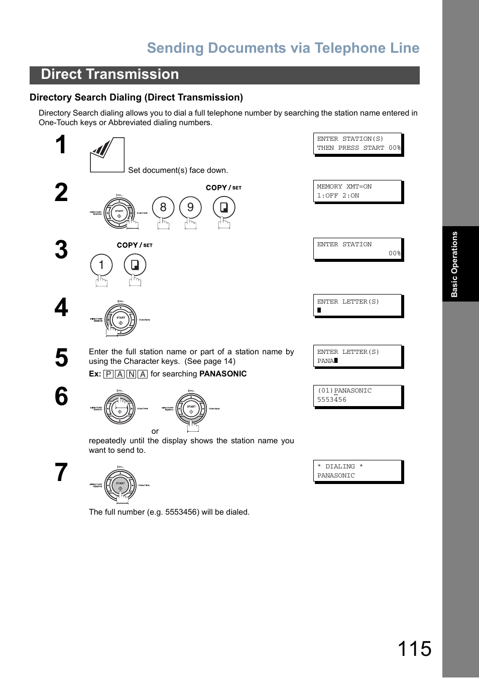 Sending documents via telephone line, Direct transmission | Panasonic DX-800 User Manual | Page 115 / 256