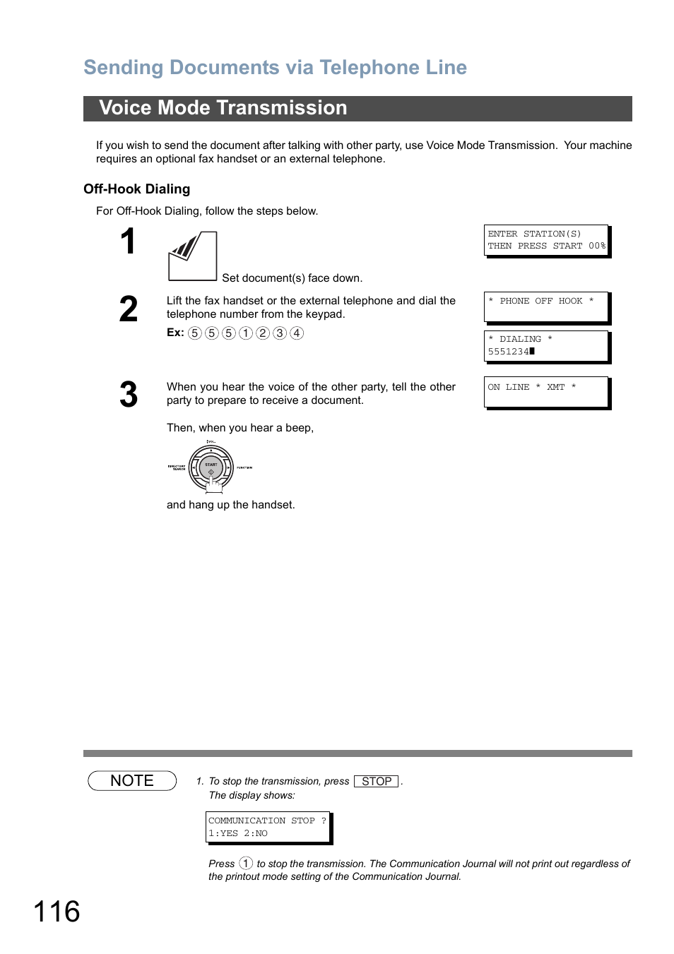 Voice mode transmission, Sending documents via telephone line | Panasonic DX-800 User Manual | Page 116 / 256