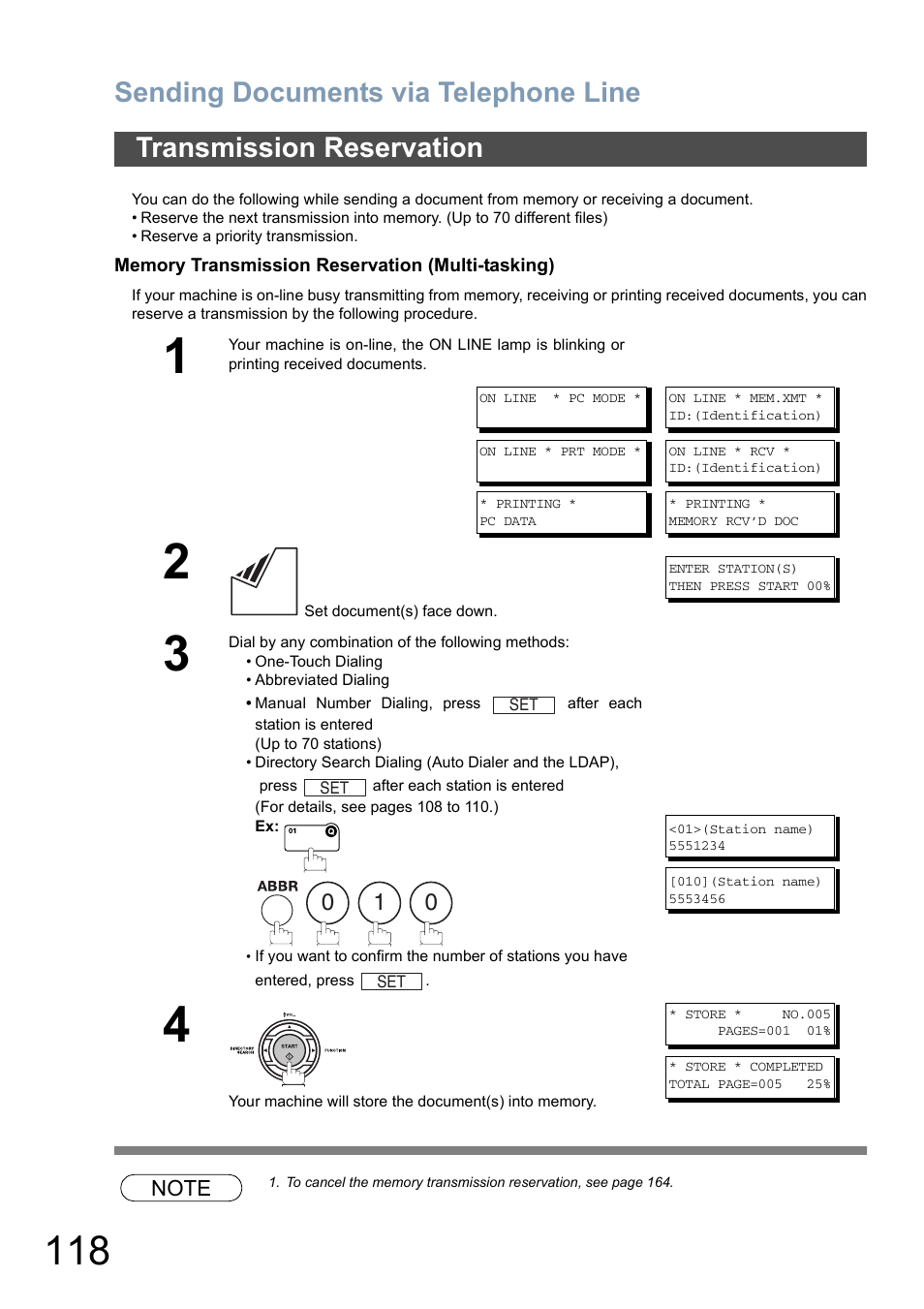 Transmission reservation, Sending documents via telephone line | Panasonic DX-800 User Manual | Page 118 / 256