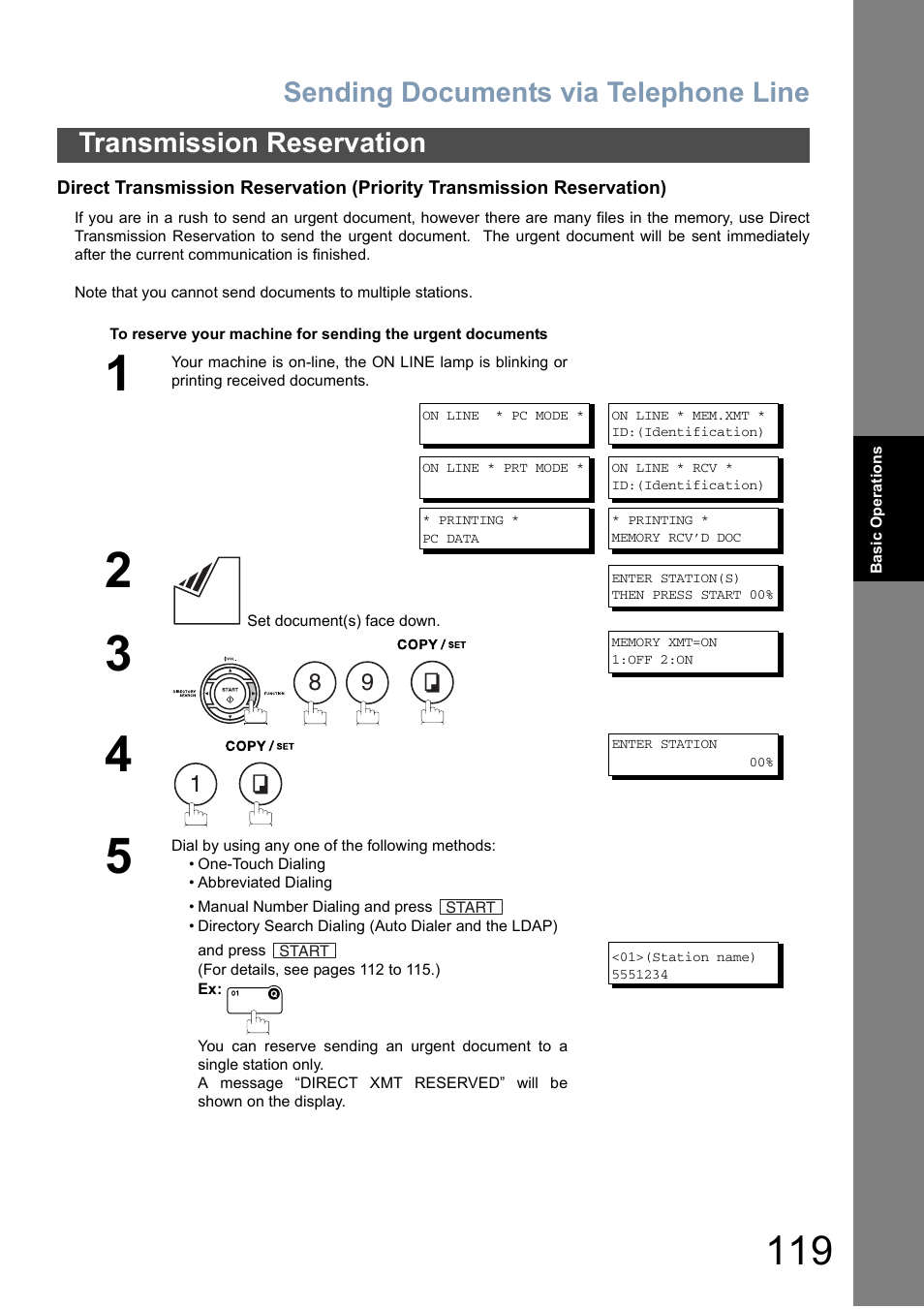 Sending documents via telephone line, Transmission reservation | Panasonic DX-800 User Manual | Page 119 / 256