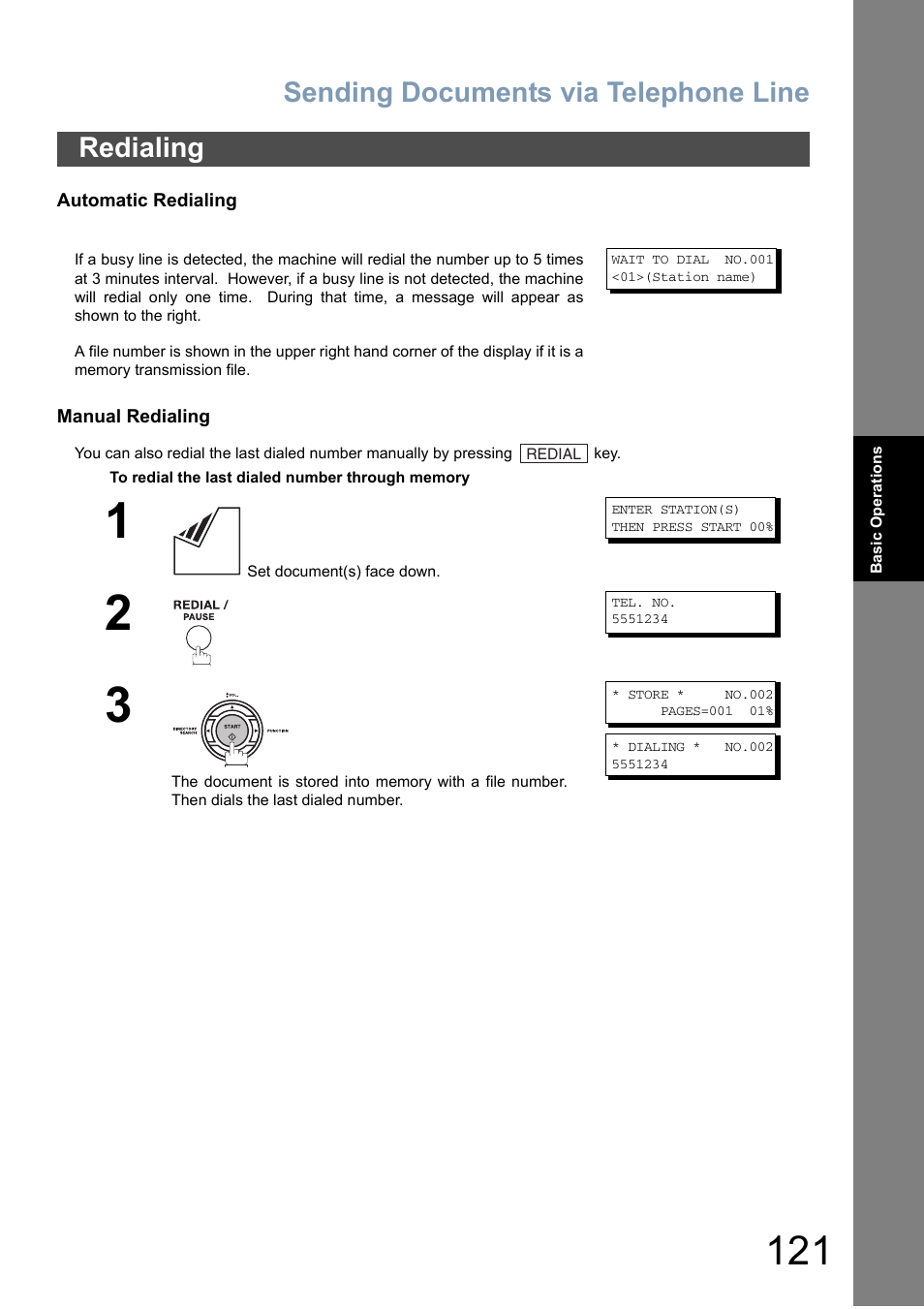 Redialing, Sending documents via telephone line | Panasonic DX-800 User Manual | Page 121 / 256