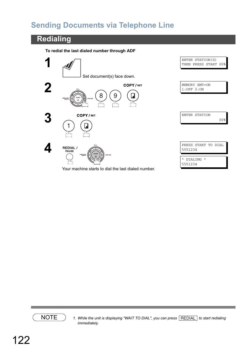 Sending documents via telephone line, Redialing | Panasonic DX-800 User Manual | Page 122 / 256