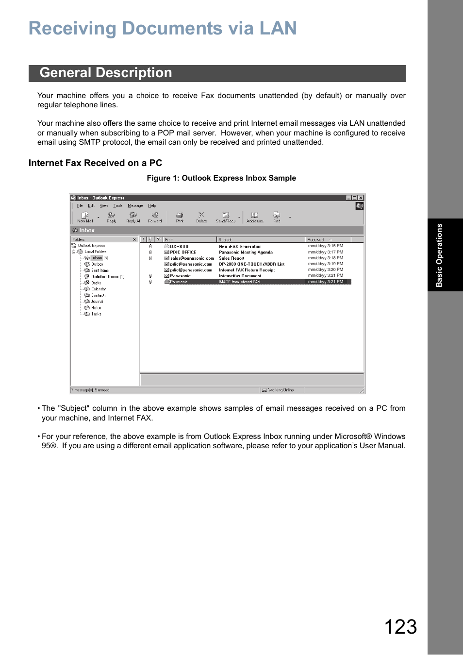 Receiving documents via lan, General description | Panasonic DX-800 User Manual | Page 123 / 256