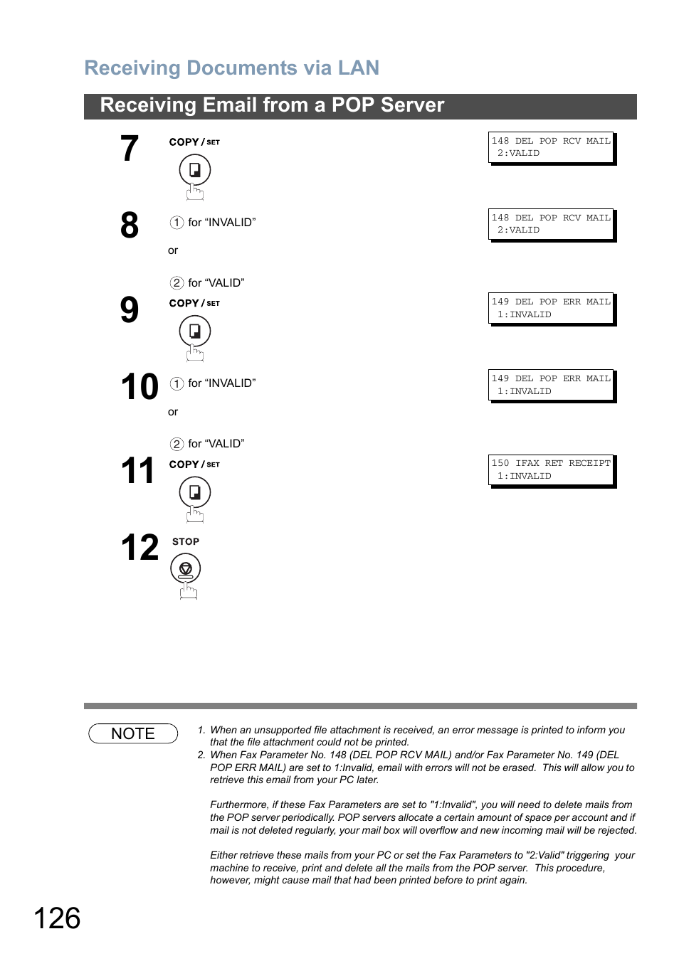 Receiving documents via lan, Receiving email from a pop server | Panasonic DX-800 User Manual | Page 126 / 256