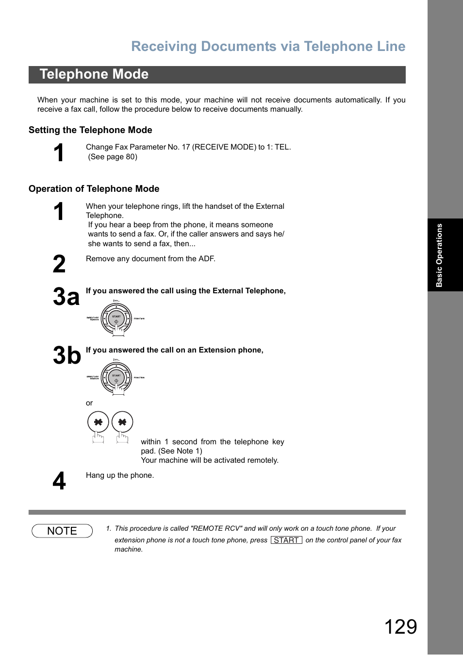 Telephone mode, Receiving documents via telephone line | Panasonic DX-800 User Manual | Page 129 / 256