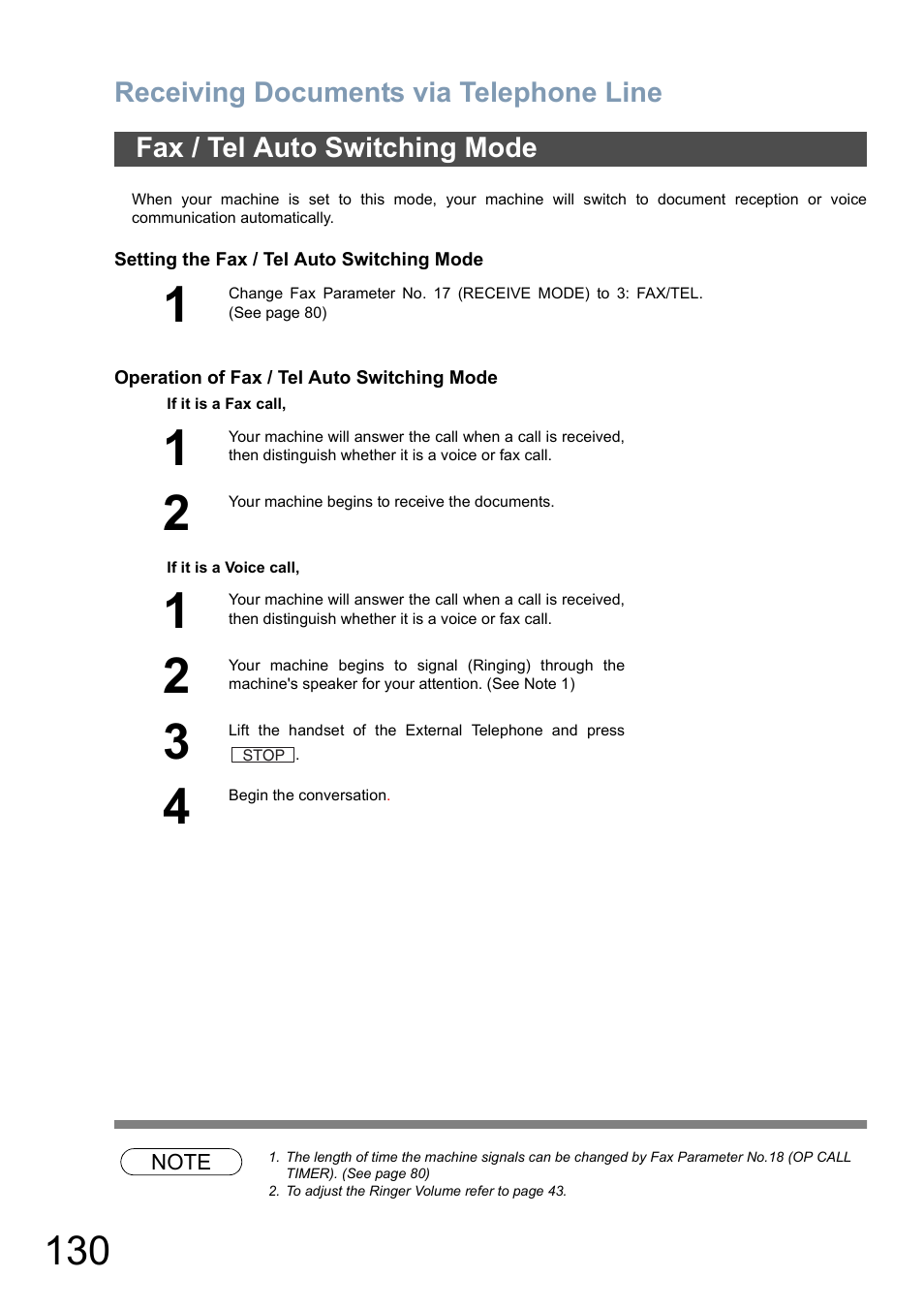 Fax / tel auto switching mode | Panasonic DX-800 User Manual | Page 130 / 256
