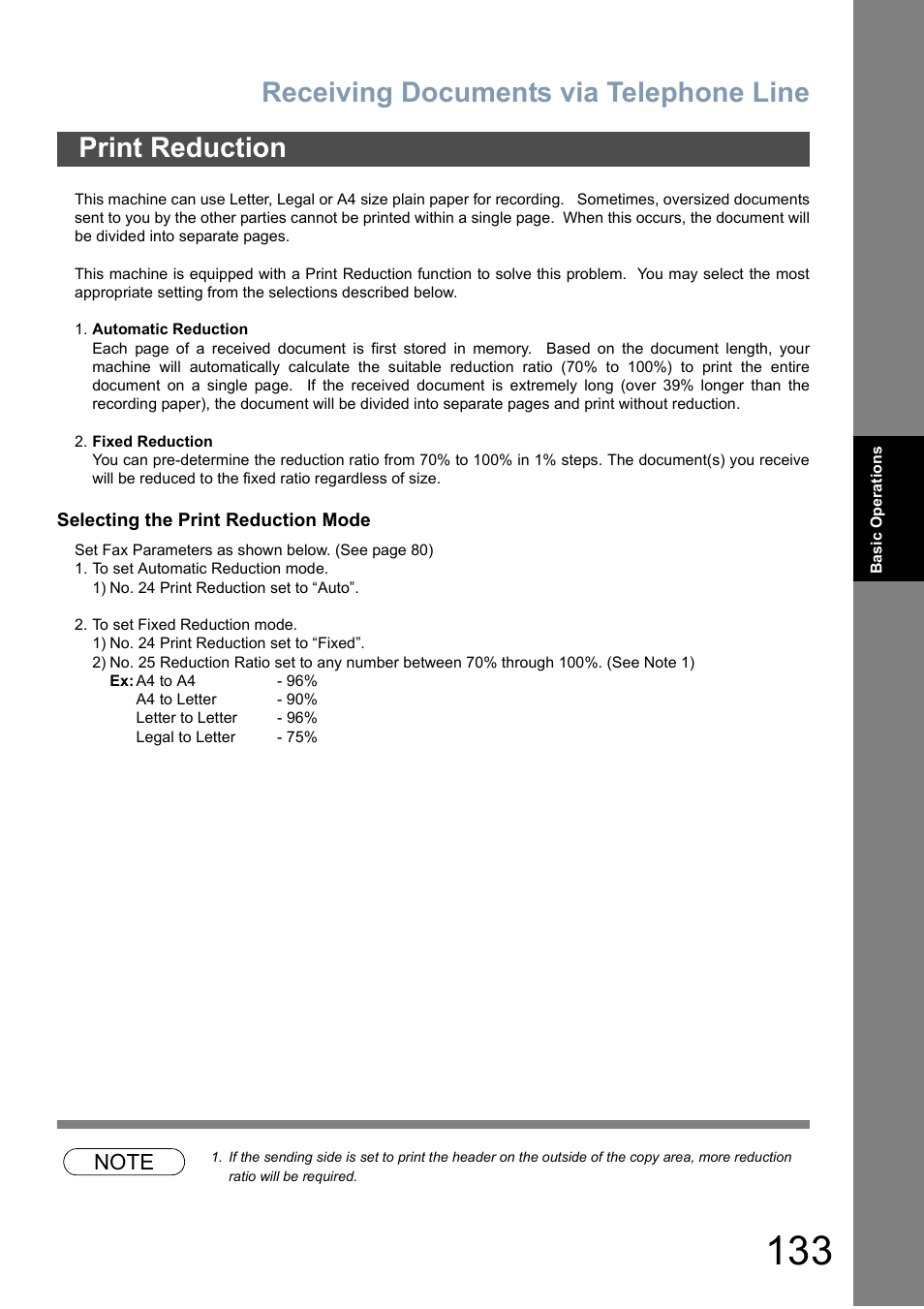 Print reduction, Receiving documents via telephone line | Panasonic DX-800 User Manual | Page 133 / 256