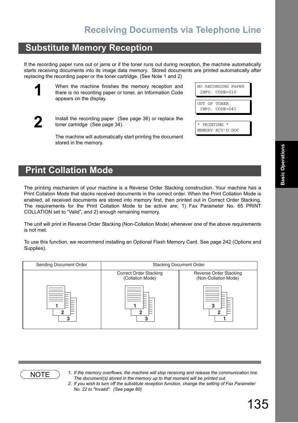 Substitute memory reception, Print collation mode, Receiving documents via telephone line | Panasonic DX-800 User Manual | Page 135 / 256
