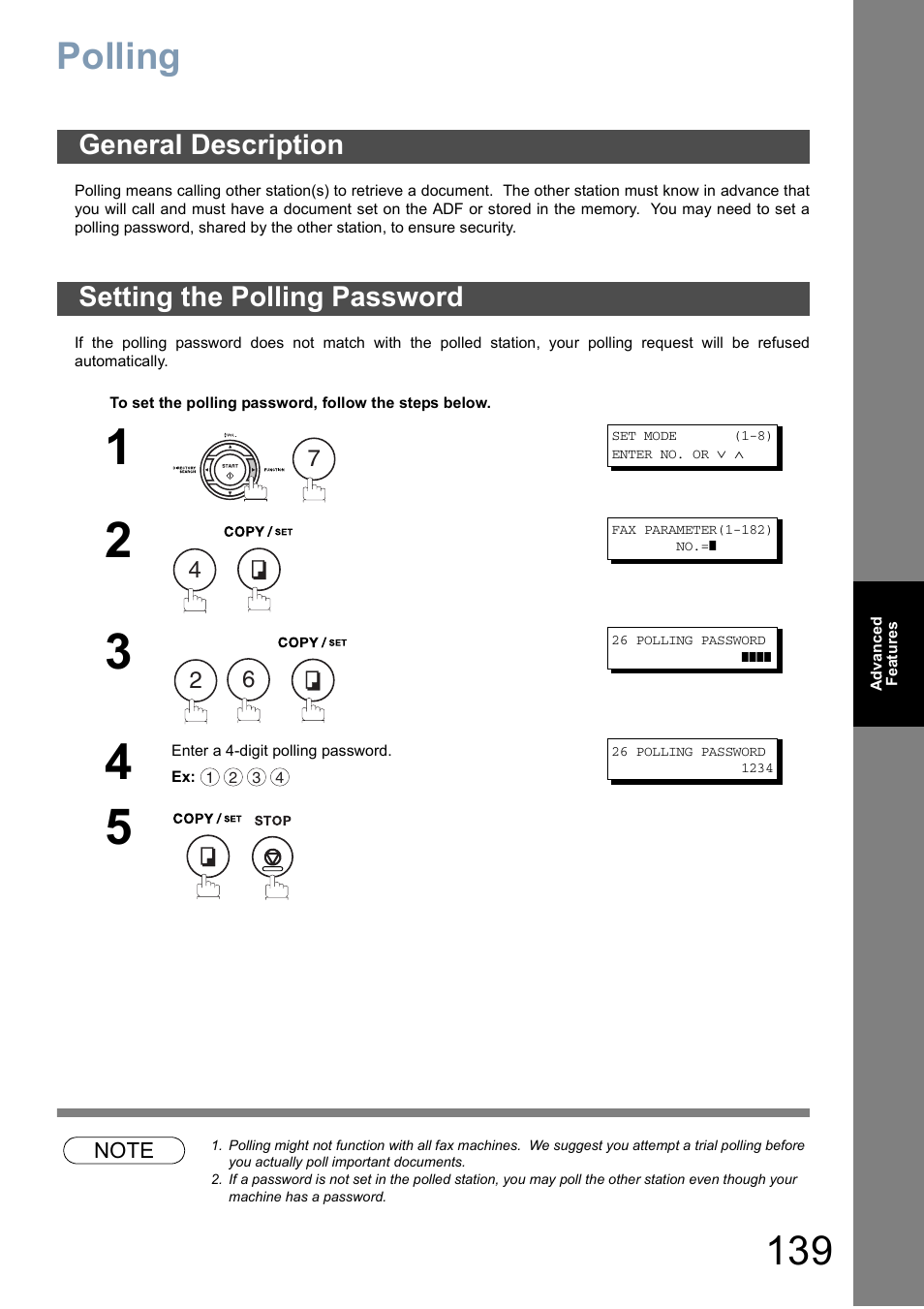Polling, General description, Setting the polling password | General description setting the polling password | Panasonic DX-800 User Manual | Page 139 / 256