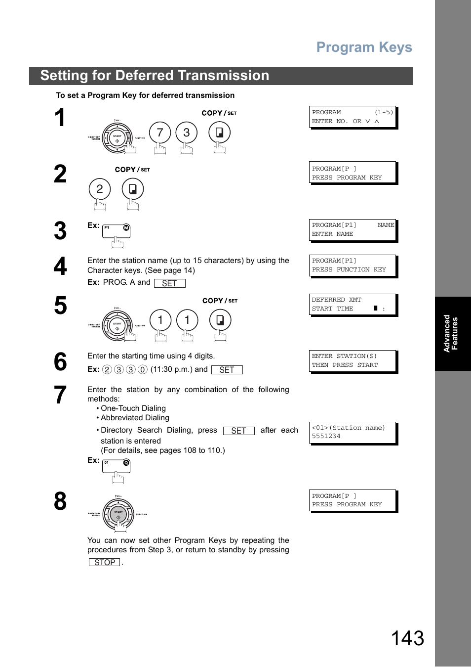 Setting for deferred transmission, Program keys | Panasonic DX-800 User Manual | Page 143 / 256