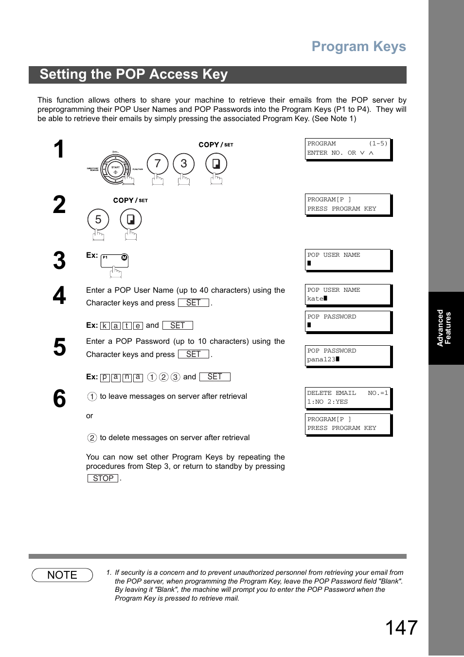 Setting the pop access key, Program keys | Panasonic DX-800 User Manual | Page 147 / 256