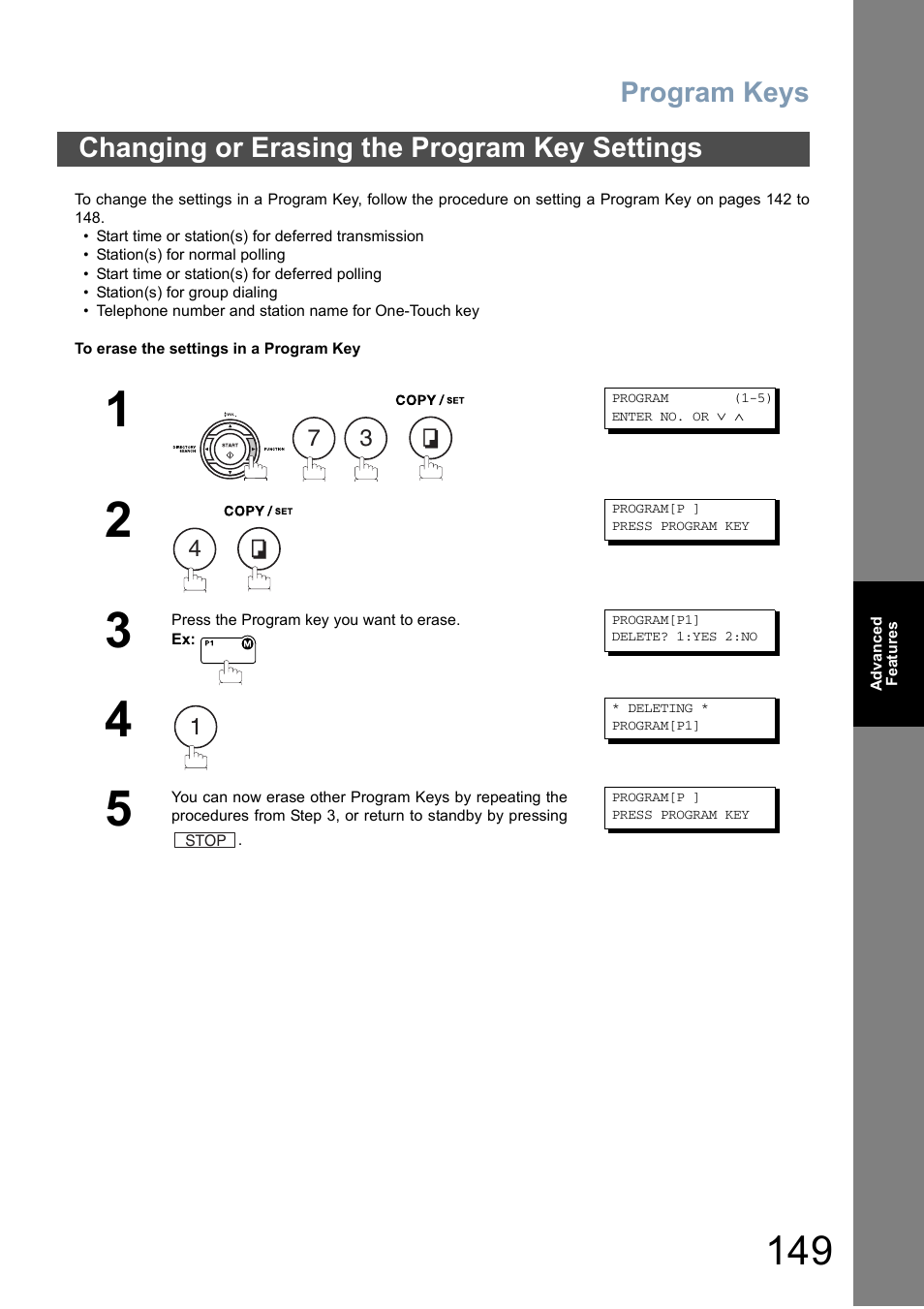 Changing or erasing the program key settings, Program keys | Panasonic DX-800 User Manual | Page 149 / 256