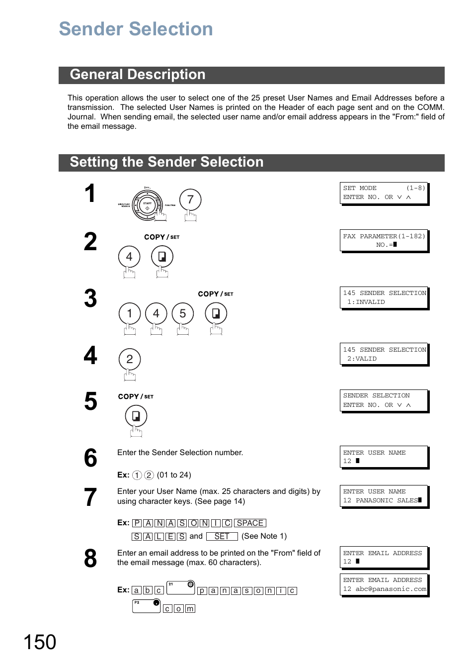 Sender selection, General description, Setting the sender selection | General description setting the sender selection | Panasonic DX-800 User Manual | Page 150 / 256