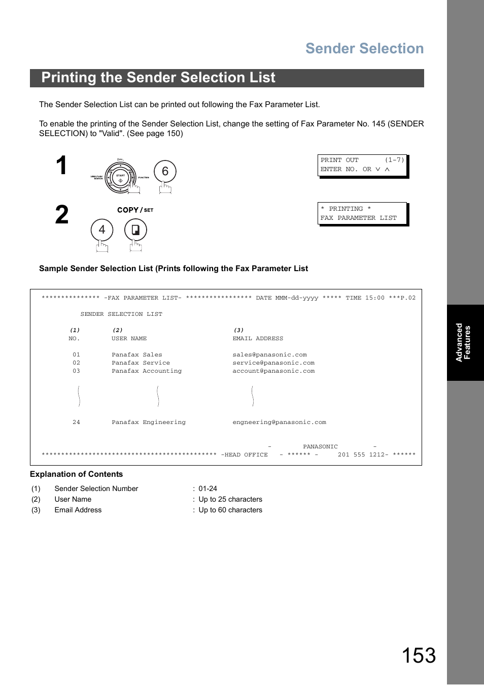 Printing the sender selection list, Sender selection | Panasonic DX-800 User Manual | Page 153 / 256