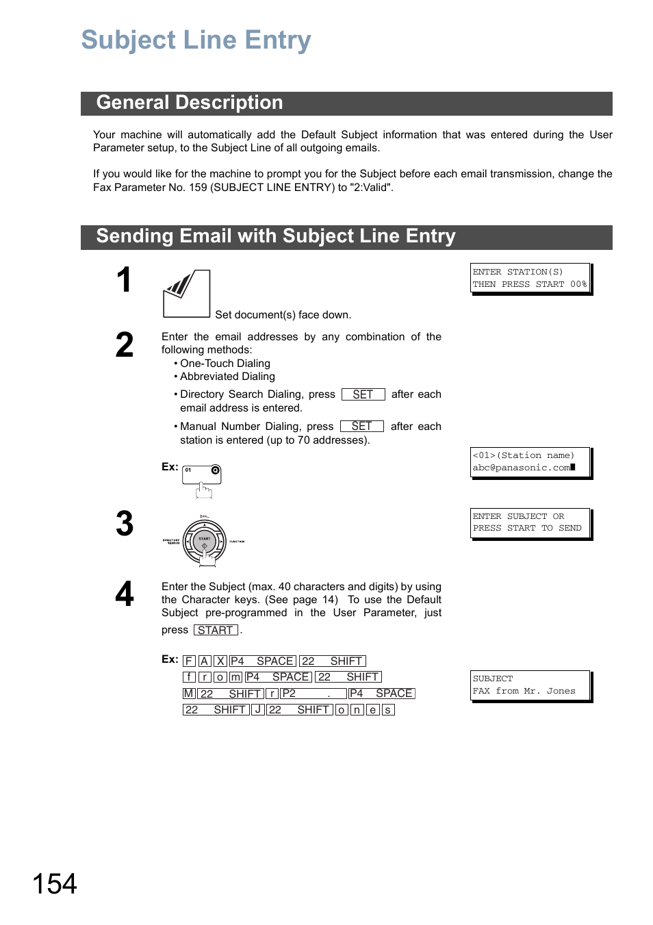 Subject line entry, General description, Sending email with subject line entry | Panasonic DX-800 User Manual | Page 154 / 256