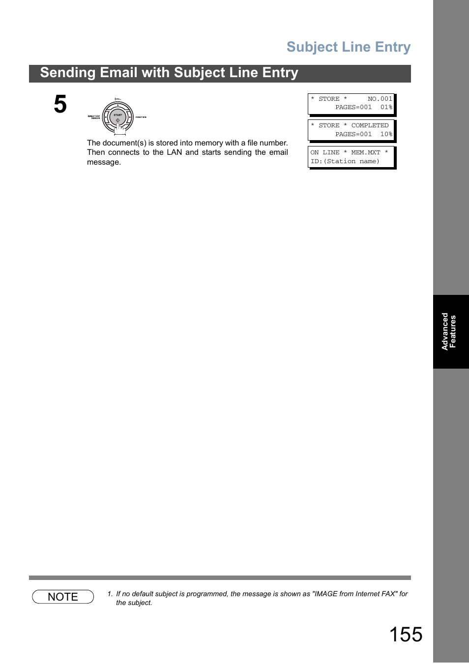 Subject line entry, Sending email with subject line entry | Panasonic DX-800 User Manual | Page 155 / 256