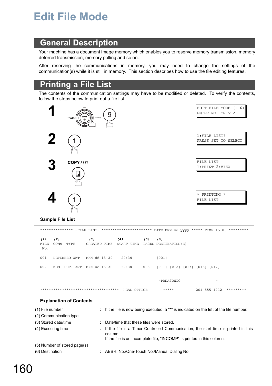 Edit file mode, General description, Printing a file list | General description printing a file list | Panasonic DX-800 User Manual | Page 160 / 256