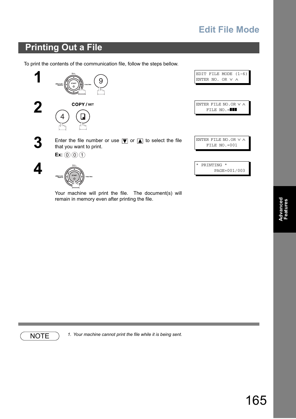 Printing out a file, Edit file mode | Panasonic DX-800 User Manual | Page 165 / 256