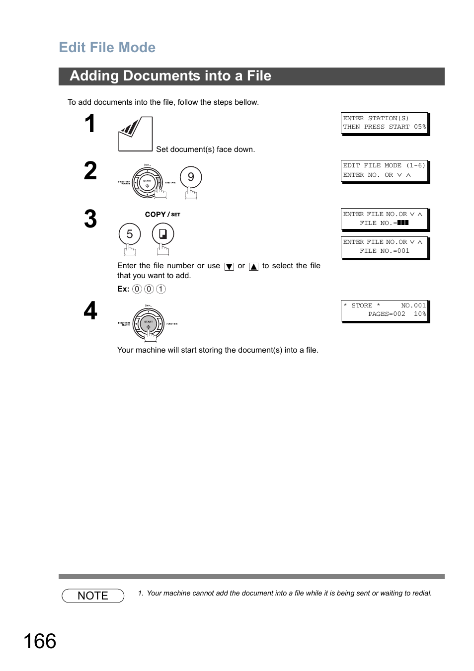 Adding documents into a file, Edit file mode | Panasonic DX-800 User Manual | Page 166 / 256