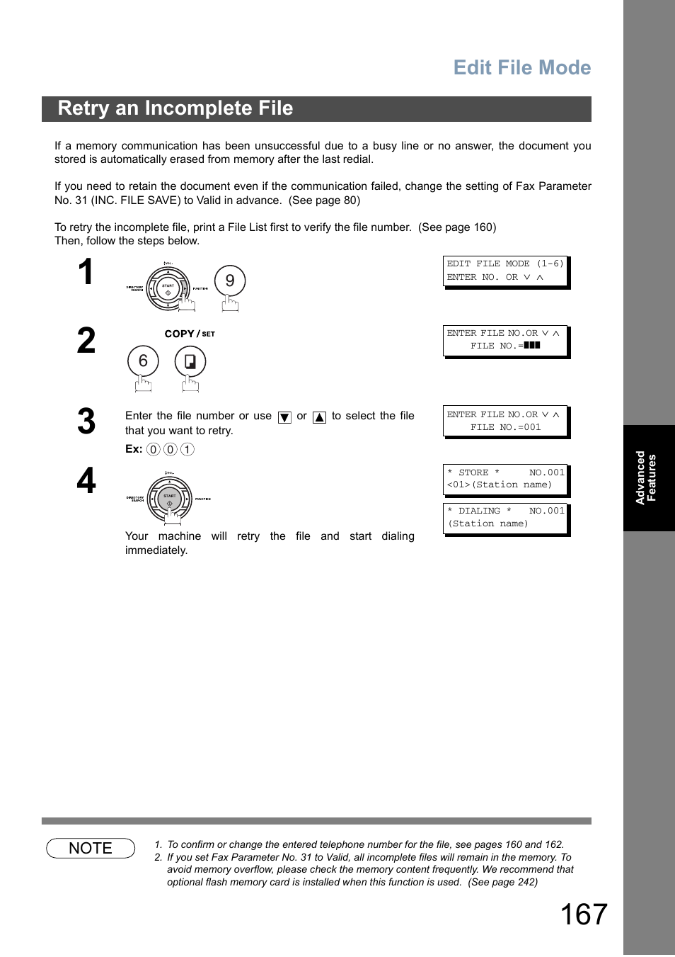 Retry an incomplete file, Edit file mode | Panasonic DX-800 User Manual | Page 167 / 256