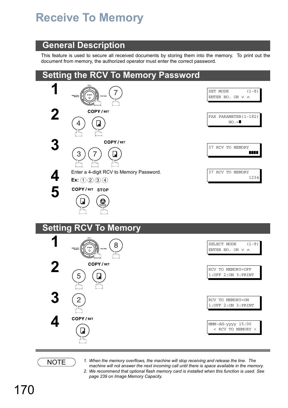 Receive to memory, General description, Setting the rcv to memory password | Setting rcv to memory | Panasonic DX-800 User Manual | Page 170 / 256