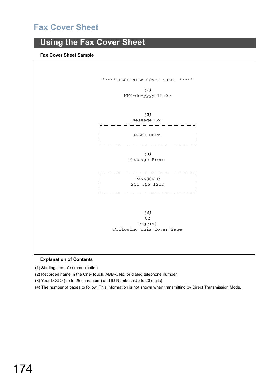 Fax cover sheet, Using the fax cover sheet | Panasonic DX-800 User Manual | Page 174 / 256