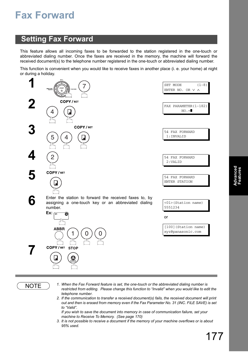 Fax forward, Setting fax forward | Panasonic DX-800 User Manual | Page 177 / 256